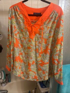 Jones New York Orange Paisley Lace-Up Tunic